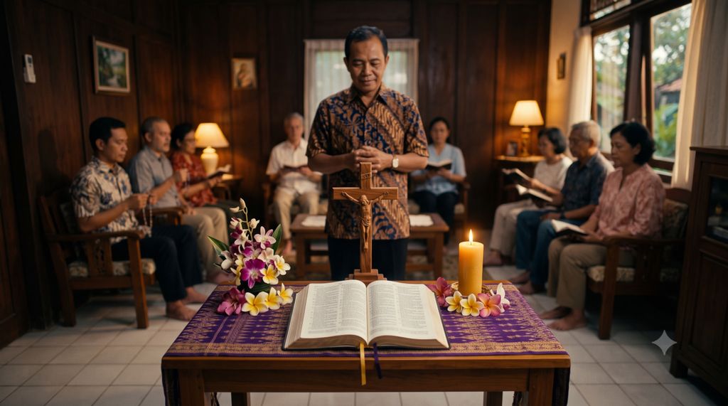 Panduan praktis seorang pengurus lingkungan memimpin Ibadat Sabda doa Katolik di hadapan umat dengan khidmat memegang Alkitab