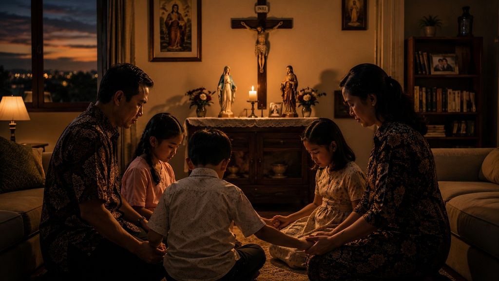Sebuah keluarga Katolik (ayah, ibu, dan dua anak) sedang berkumpul bersama dengan khidmat di depan meja altar kecil rumah mereka, menyalakan lilin doa di depan salib kayu